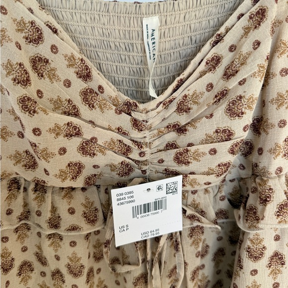 NWT American Eagle Cream Block Print Bell Sleeve Dress Tie Front Smocked Small - Picture 6 of 10